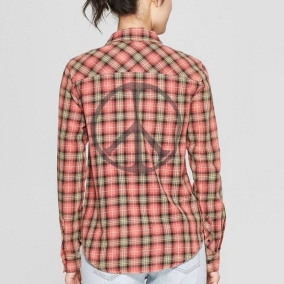 Junk Food Plaid Peace Sign Flannel Button Front Shirt Green Peach Size Large - Picture 1 of 8